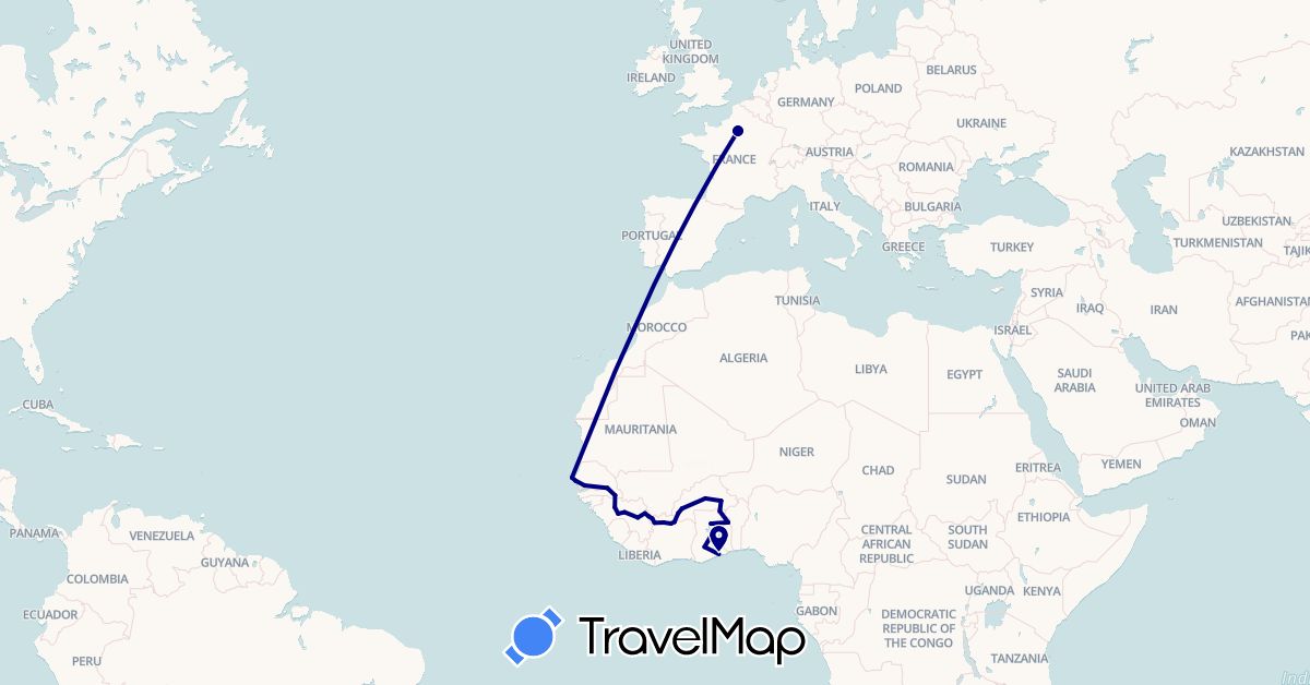 TravelMap itinerary: driving in Burkina Faso, Côte d'Ivoire, France, Ghana, Guinea, Senegal, Togo (Africa, Europe)