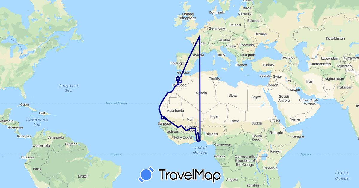 TravelMap itinerary: driving in Burkina Faso, Benin, France, Morocco, Mali, Mauritania, Togo (Africa, Europe)
